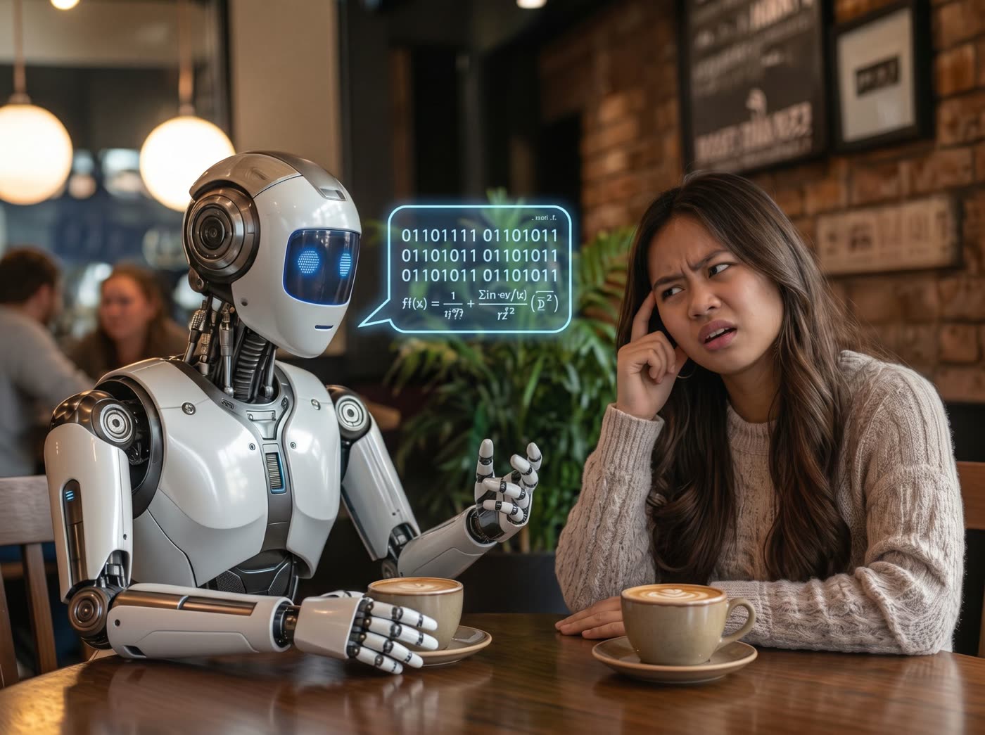 A robot talking in code at a baffled person over coffee — the difference you can hear